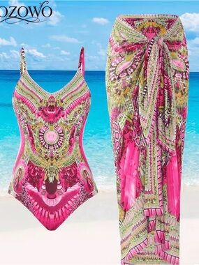 Boho-Print Pink & Green Women's One-Piece Swim Bodysuit with Sarong